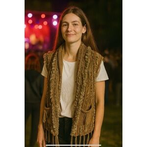 BELLE FARE CARDIGAN VEST OS OPEN FRONT POCKETS FRINGE HIPPIE RABBIT FUR SHAWL